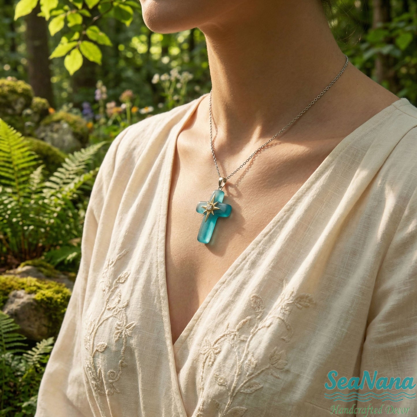 🌊Ocean Blessed Cross-Sea Glass Pendant That Shines with Faith & Nature💫