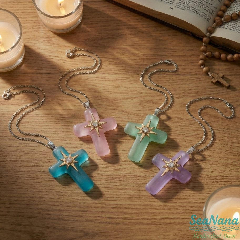 🌊Ocean Blessed Cross-Sea Glass Pendant That Shines with Faith & Nature💫