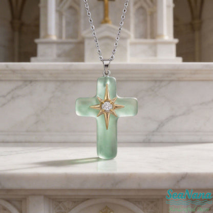 🌊Ocean Blessed Cross-Sea Glass Pendant That Shines with Faith & Nature💫