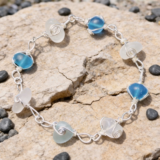 Handmade Sea Glass Bracelet: Silver Wire Wrapped Beach Jewelry