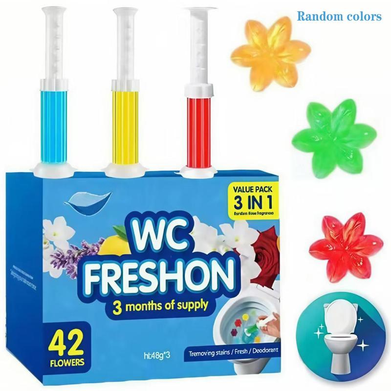 Toilet Gel Stamp, 3 Pack/42 Toilet Stamps,Toilet Bowl Stamp Gel, Toilet Gel Refills, Toilet Refresh Flower Scent Gel, Includes Dispenser and Gel, 3 Pack/set Last for three Month (Colors selected randomly)