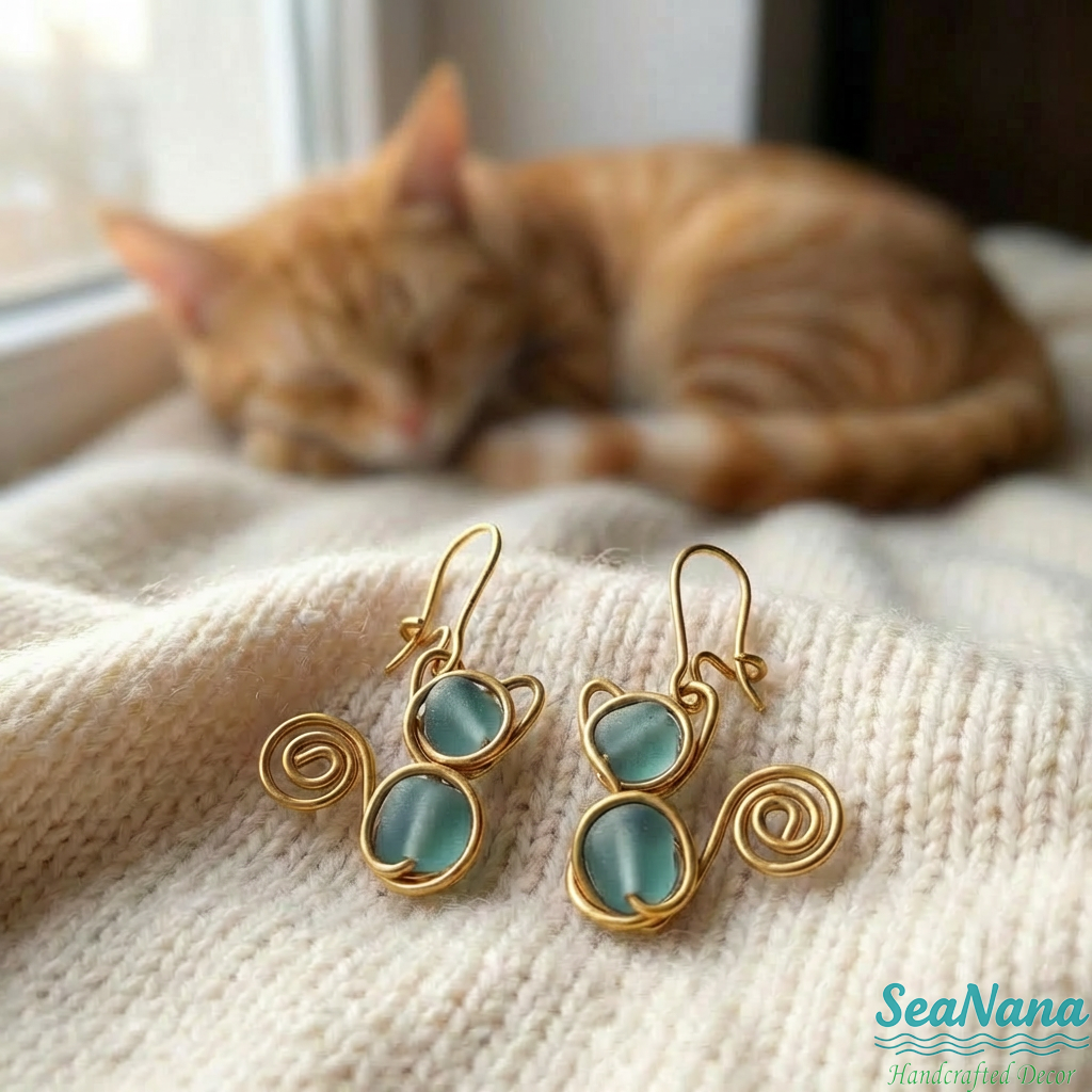 🐱 Meow & Glow: Artisan Sea Glass Cat Jewelry Set – Carry Your Cat's Spirit