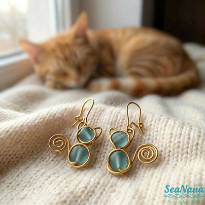 🐱 Meow & Glow: Artisan Sea Glass Cat Jewelry Set – Carry Your Cat's Spirit