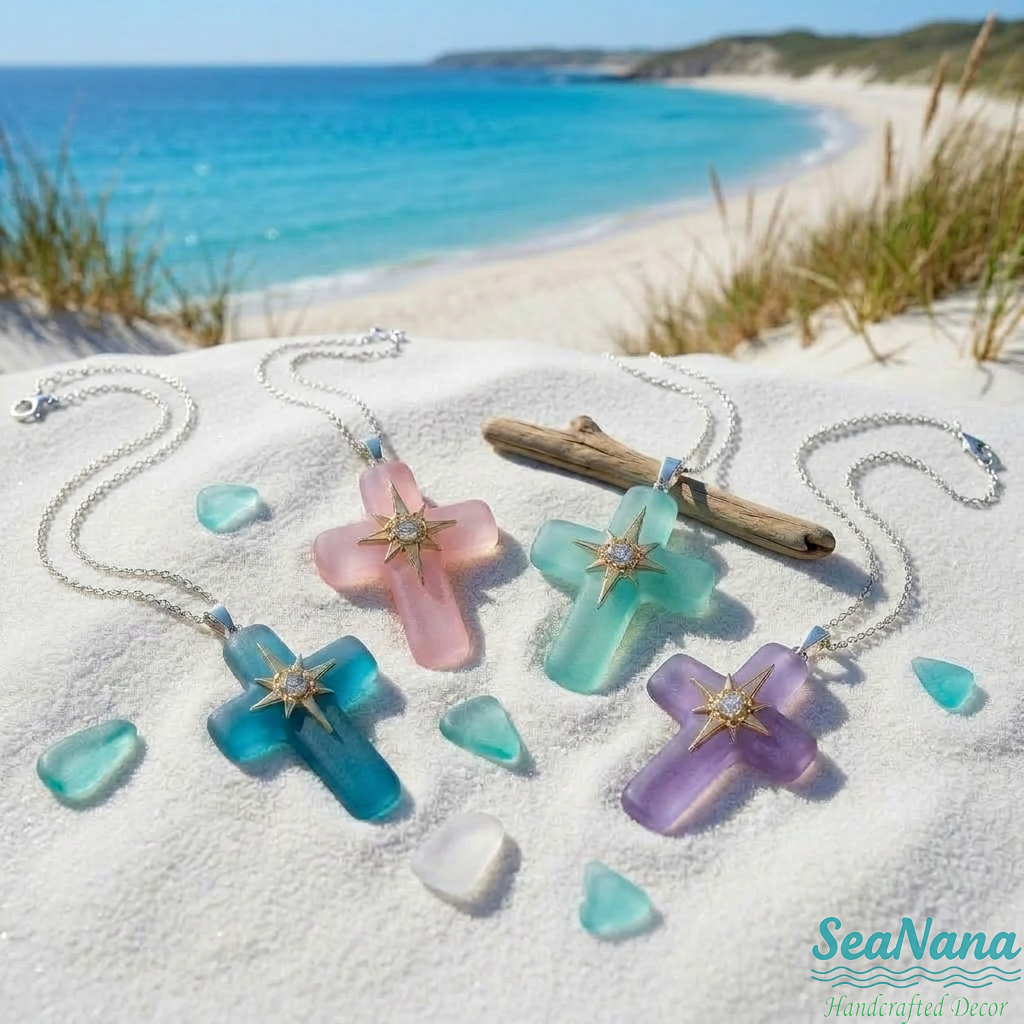 🌊Ocean Blessed Cross-Sea Glass Pendant That Shines with Faith & Nature💫