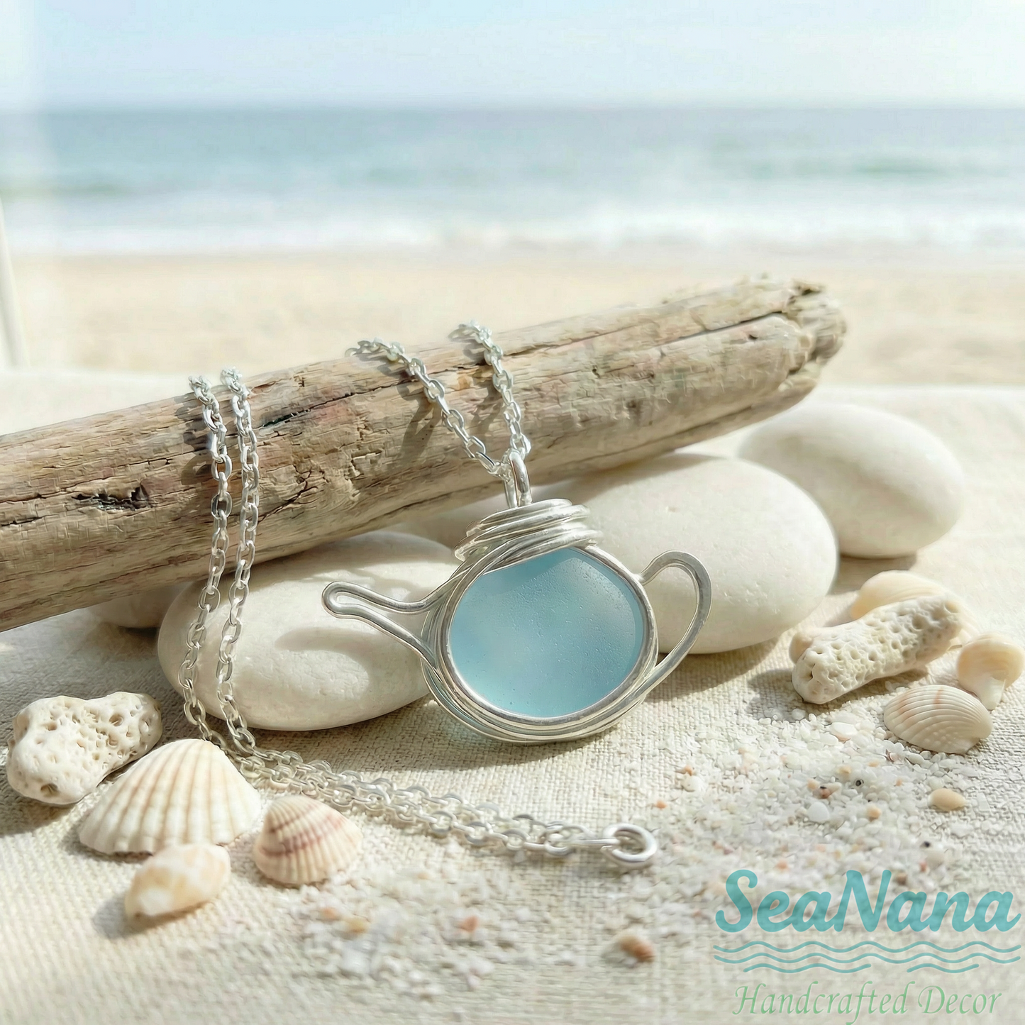 ☕Handcrafted Sea Glass Teapot Charm Necklace