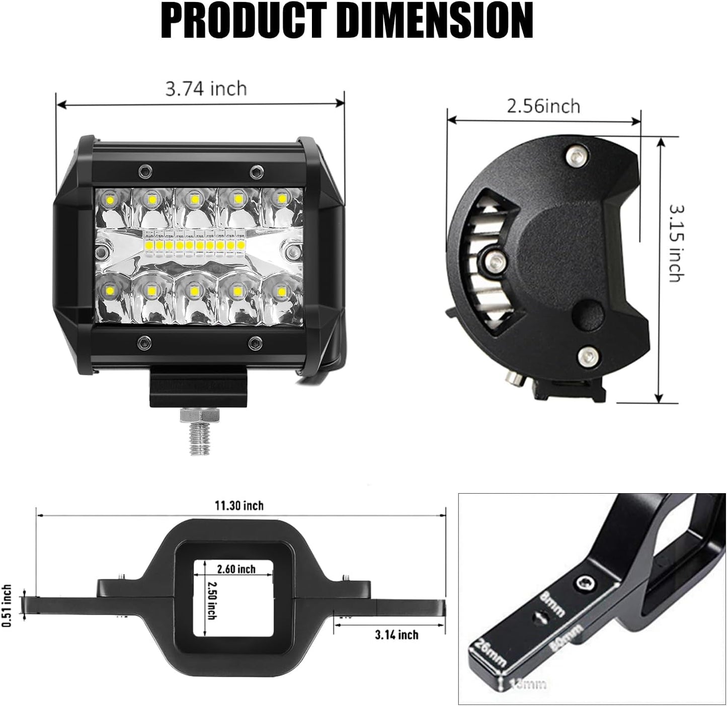 2pcs 4 Inch 60W LED Pods with 2/2.5 Inch Tow Hitch Mounting Brackets