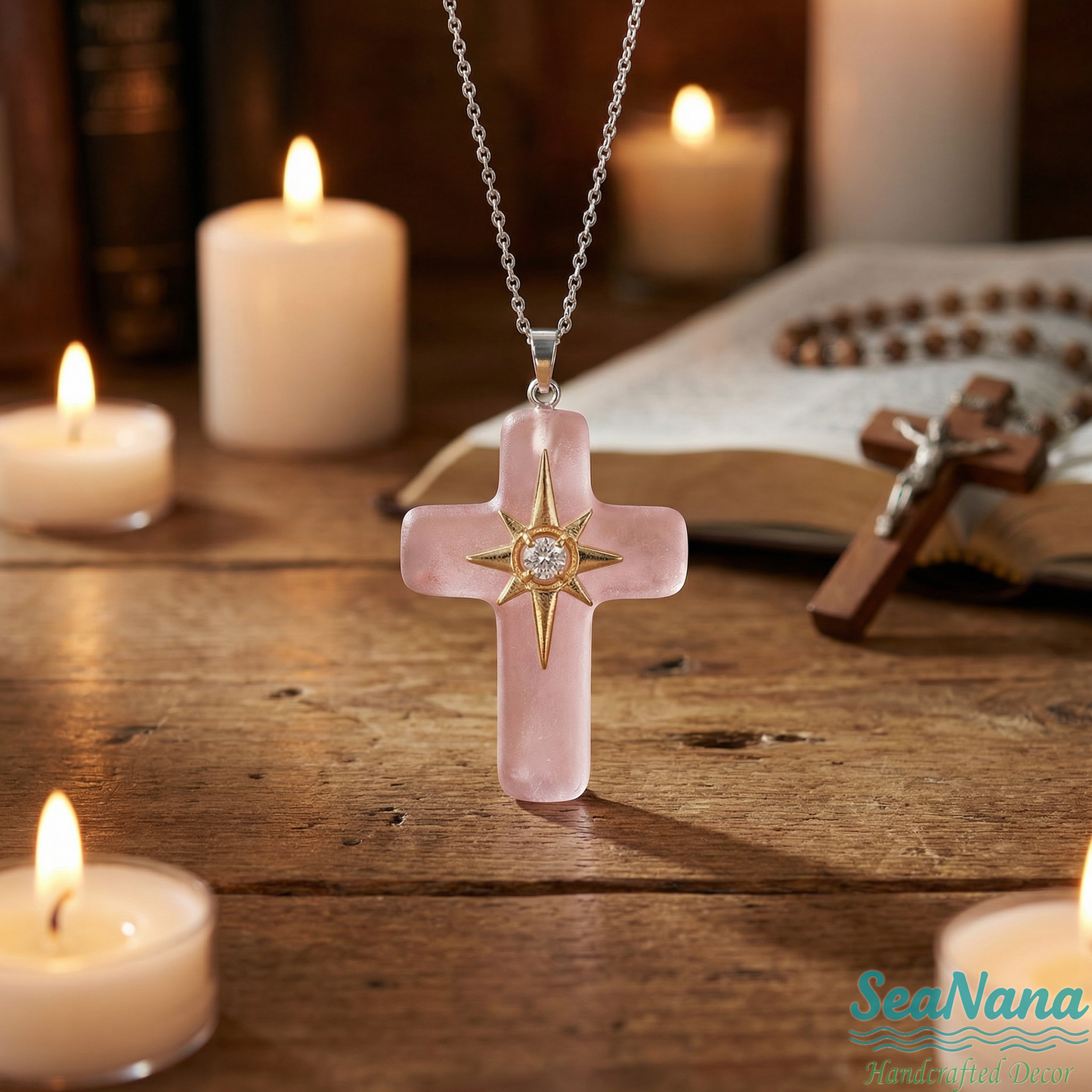 🌊Ocean Blessed Cross-Sea Glass Pendant That Shines with Faith & Nature💫