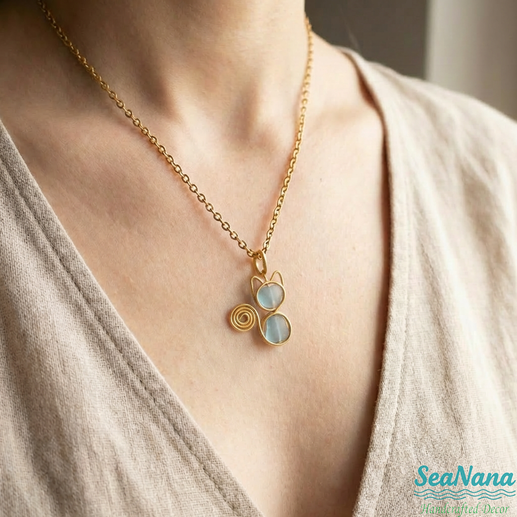🐱 Meow & Glow: Artisan Sea Glass Cat Jewelry Set – Carry Your Cat's Spirit