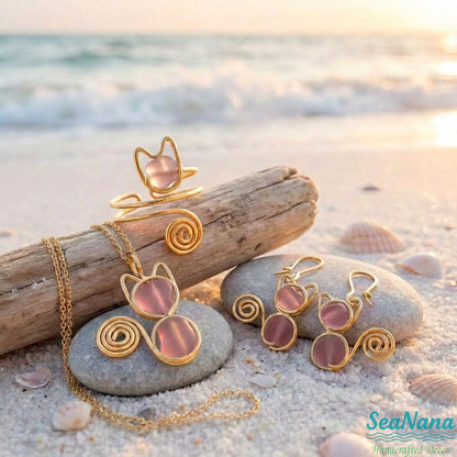 🐱 Meow & Glow: Artisan Sea Glass Cat Jewelry Set – Carry Your Cat's Spirit
