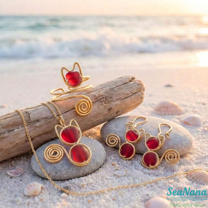 🐱 Meow & Glow: Artisan Sea Glass Cat Jewelry Set – Carry Your Cat's Spirit