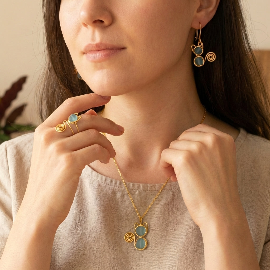 🐱 Meow & Glow: Artisan Sea Glass Cat Jewelry Set – Carry Your Cat's Spirit