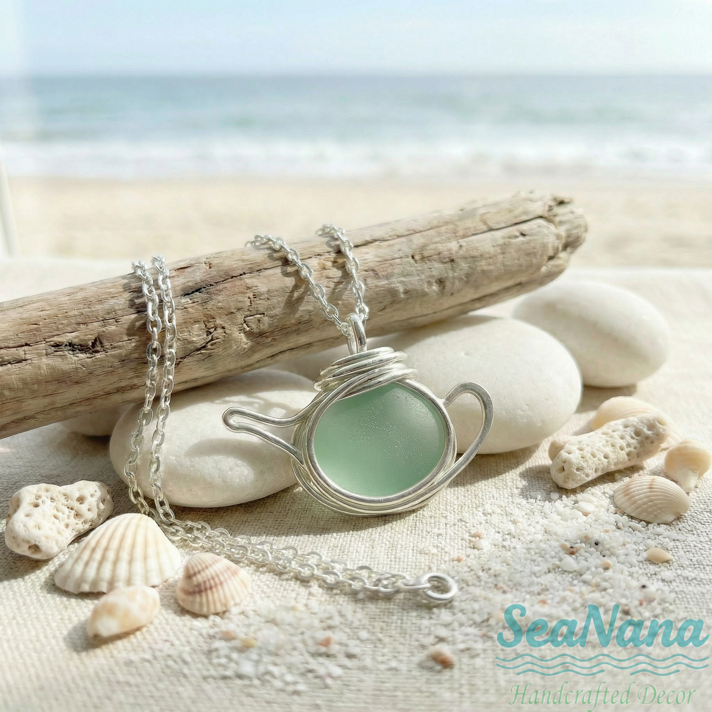 ☕Handcrafted Sea Glass Teapot Charm Necklace