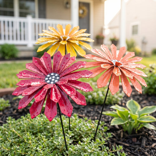 Metal Zinnia Flower Garden Stake